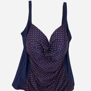 Mazu Swim Navy Tankini Swim Top with red polka dots & adjustable straps 24W NEW